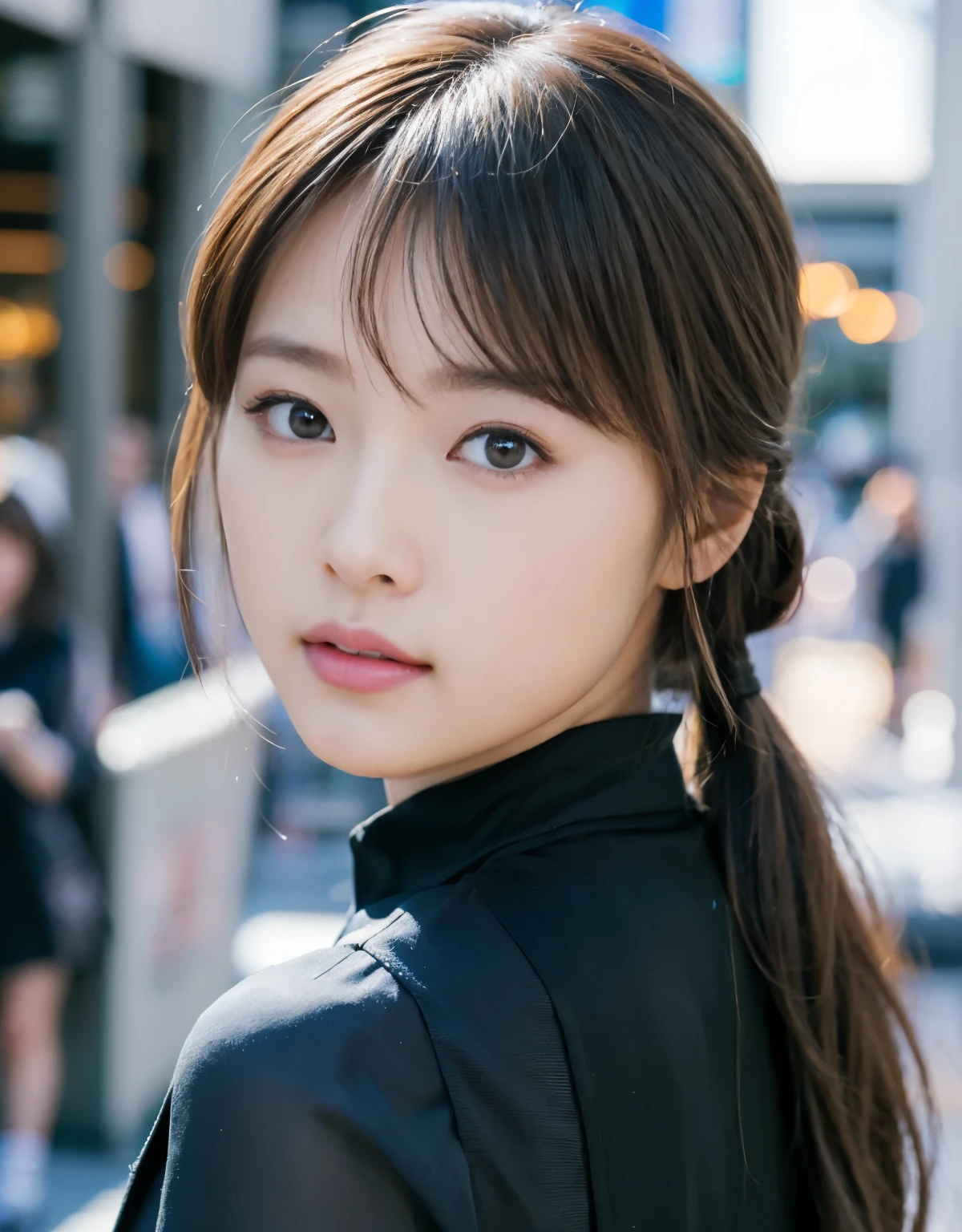 (masterpiece:1.3),
(8k, Photorealistic: 1.4, RAW Photos, Best image quality: 1.4),
Japanese Idols、Super detailed face、Attention to detail、Genuine、
double eyelid、Big and attractive eyes,Perfectly beautiful eyes、 Sharp focus:1.2、Beautiful woman:1.5、
Light brown hair、 Highest quality、masterpiece、Ultra-high resolution、Depth of written boundary、Perfect Shadow、(Photorealistic:1.4)、
Highly detailed and professional lighting、Full body image:1.5、Looking back、Teardrop、
Perfectly shaped、Symmetrical face、beautiful girl,Sharp focus, Perfect Anatomy,Moist eyes、Glossy lips、Realistic Light、Black dress、Hair tied up on top、Black ribbon in hair、Downtown Japan、