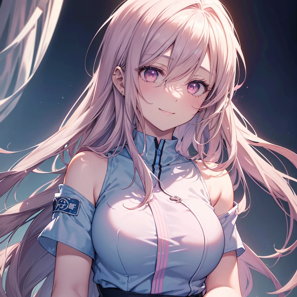 wear scrub, pale blue scrub clothing, 
a beautiful detailed portrait of a shoulder length hair nurse aide, with no hat, large breasts, in an anime style, high resolution, photorealistic, dramatic chiaroscuro lighting, intricate details, piercing gaze, ominous aura, beautiful brown eyes, sharp facial features, strong presence, pink eyes, smile, Background White,
