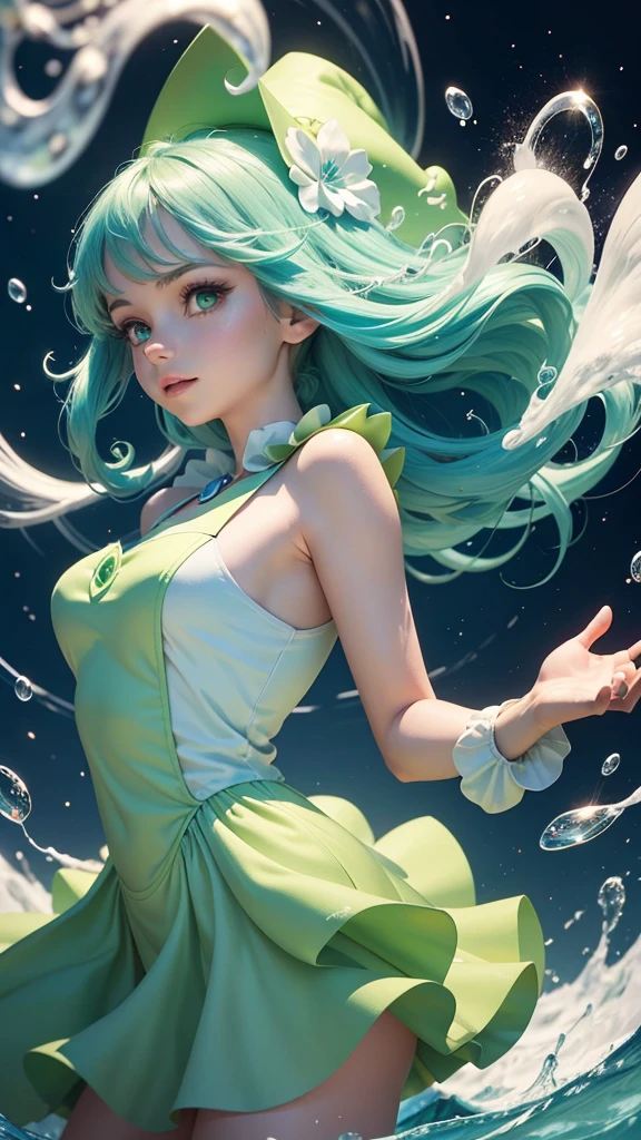 Create a whimsical and vibrant background image that complements the Espuma Geen logo. The design should include playful, swirling foam and bubbles in the background, with green leaves subtly integrated to emphasize the brand's eco-friendly nature. Keep the cartoon witch character in mind, incorporating magical elements like sparkles or light trails that evoke a sense of cleanliness and enchantment. Use a bright color palette of greens, blues, and white, ensuring the background enhances but does not overpower the logo. The overall style should be fun, fresh, and inviting, consistent with the magical, clean aesthetic of the brand