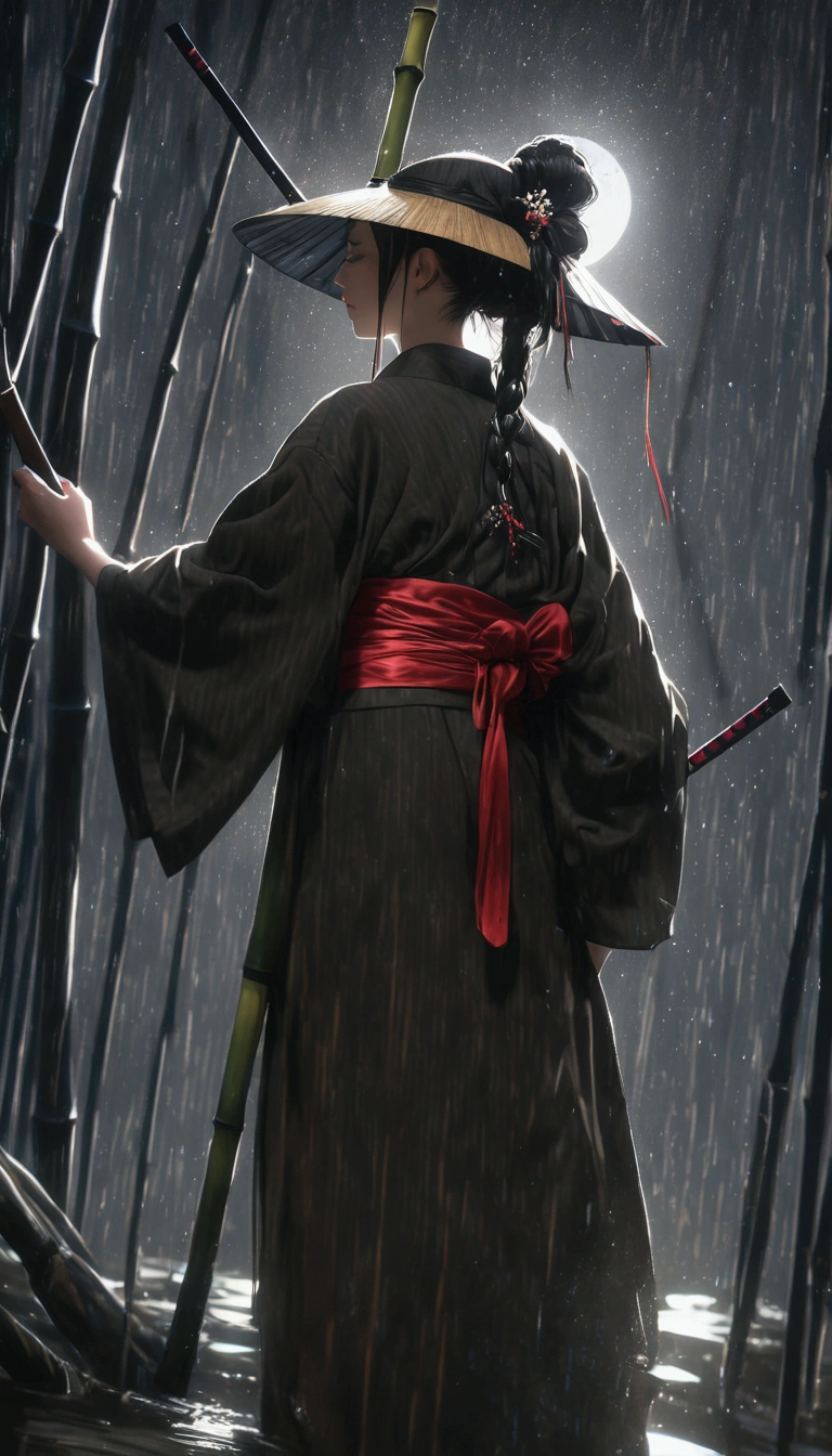 (mejor quality,4k,8k,High resolution,masterpiece:1.2),ultra detailed,sharp focus,(realist,photorealist,photo-realist:1.37), mejor quality, High resolution, ultra detailed, realist, HdR, moody, Dark, bamboo hat, detailed raindrop effect, bamboo forest, moonlight night, black kimono with bright red stripes, Shiny katana, epic scene, quality\(8k,extremely detailed CG unit wallpaper, ​masterpiece,High resolution,top-quality,top-quality real texture skin,hiperrealist,increase resolution,RAW Photos,la mejor quality,Very detailed,The wallpaper, cinematic lighting,ray trace,golden ratio\), BREAK ,