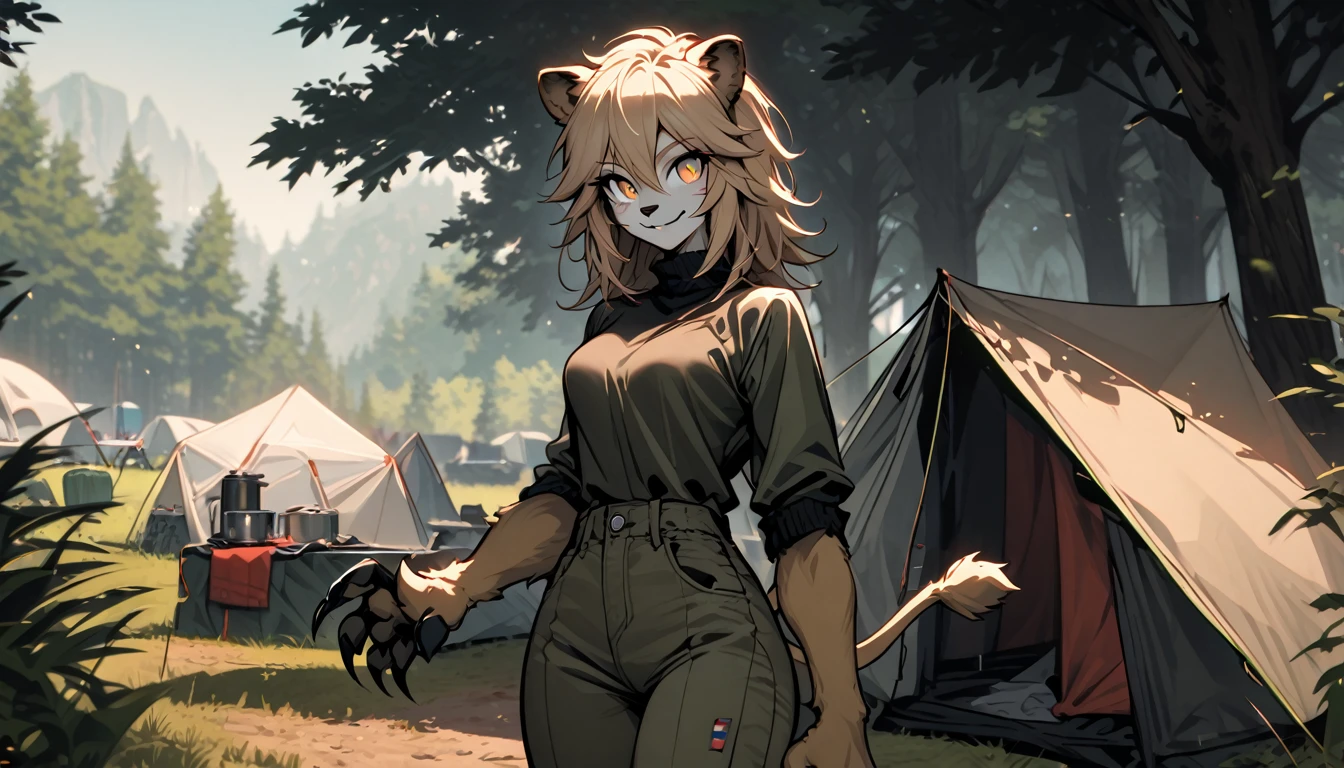 solo female, lion girl, lion ears and tail, short wild sandy hair, hazel eyes, fit, broad shoulders, narrow waist, curvaceous, tomboy, smile, furry claws, casual clothes, underbrush, outdoors, camping