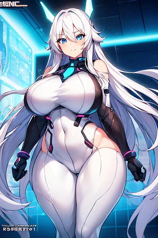 1girl, , large breastships, thick thighs, wide hips, light skin, bodysuit, white bodysuit, white hair, long hair, blue eyes, futuristic, science-fiction, tech, neon trim, neon, smile, ((anime screencap)), anime screencap