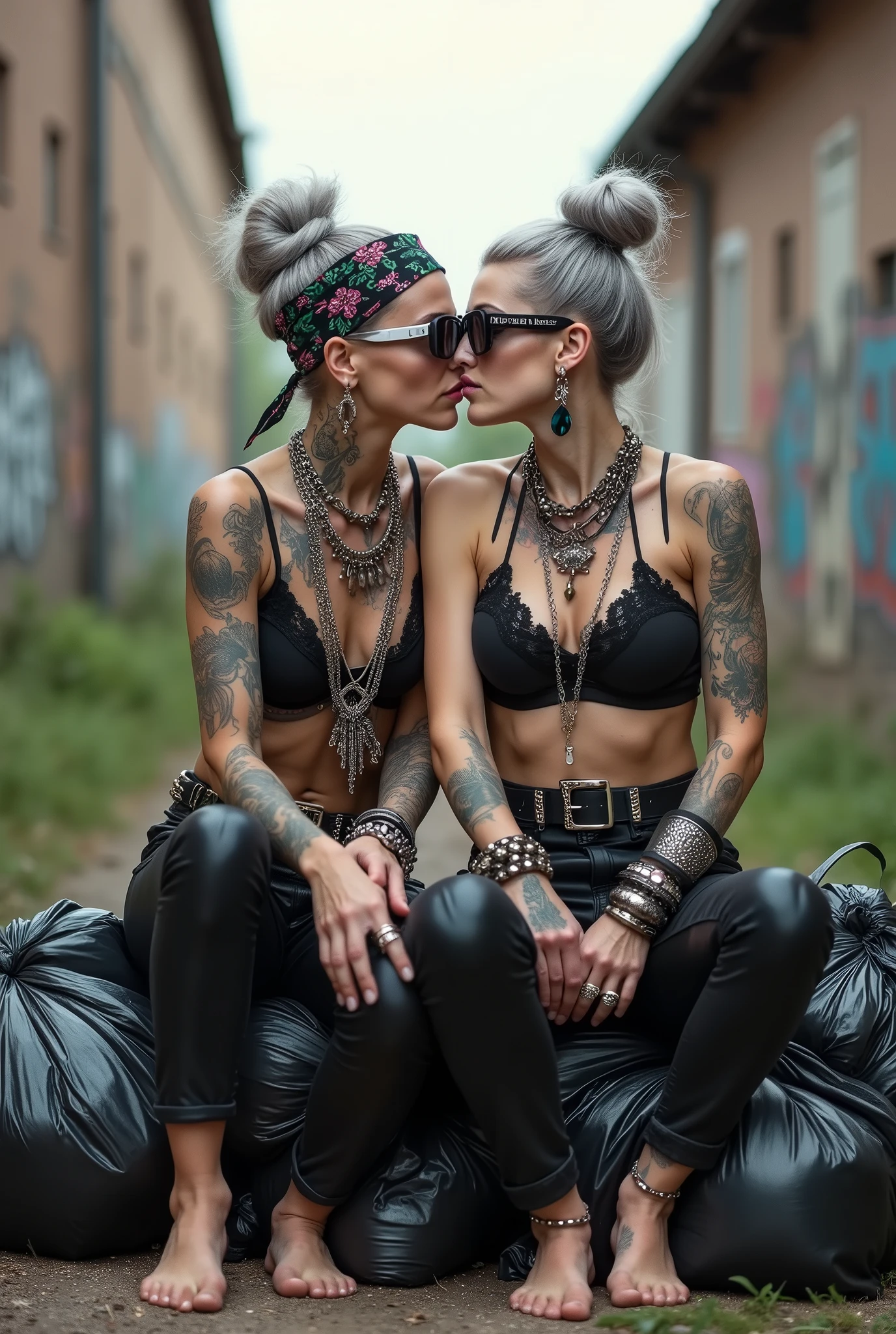 Two russian milf women,  grey hair (bouffant, top bun) and oversized square sunglasses and wide  colourful bandana as headband, with very light green eyes, extremely pale. Big lips.  Black lace push up bra, silicone breast,, tight skinny  black low rise leather jeans. Barefoot. Lots of thick wide studded bracelets, chain necklaces and big rings,. Two loose studded belts. Long earrings with chains and feathers. Sitting on a pile of huge black plastic bags. Lazy, leaning back, laid back pose, separated legs, hands on crotch. Neck, chest, stomach, feet, hands, arms and wrists heavily tattoed.  Toned abdominals, thin neck, slim legs and thin arms. Narrow hips. Full body. At a dead end street with graffitied walls, ground littered with waste . Nuns get close. Some nuns in the backgroung get close. Full body