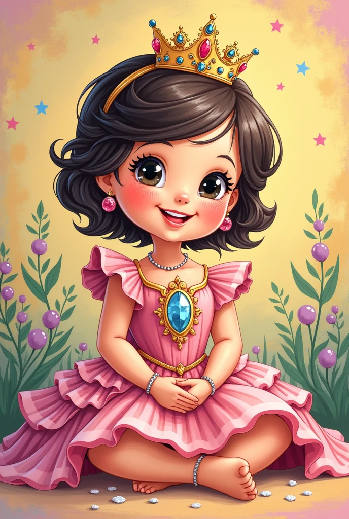 Drawing Cartoon happy baby girl wearing a Beautiful dress and wearing a crown, You sit on the floor full bady Painted in beautiful colors with 2d drawing and make black outline
