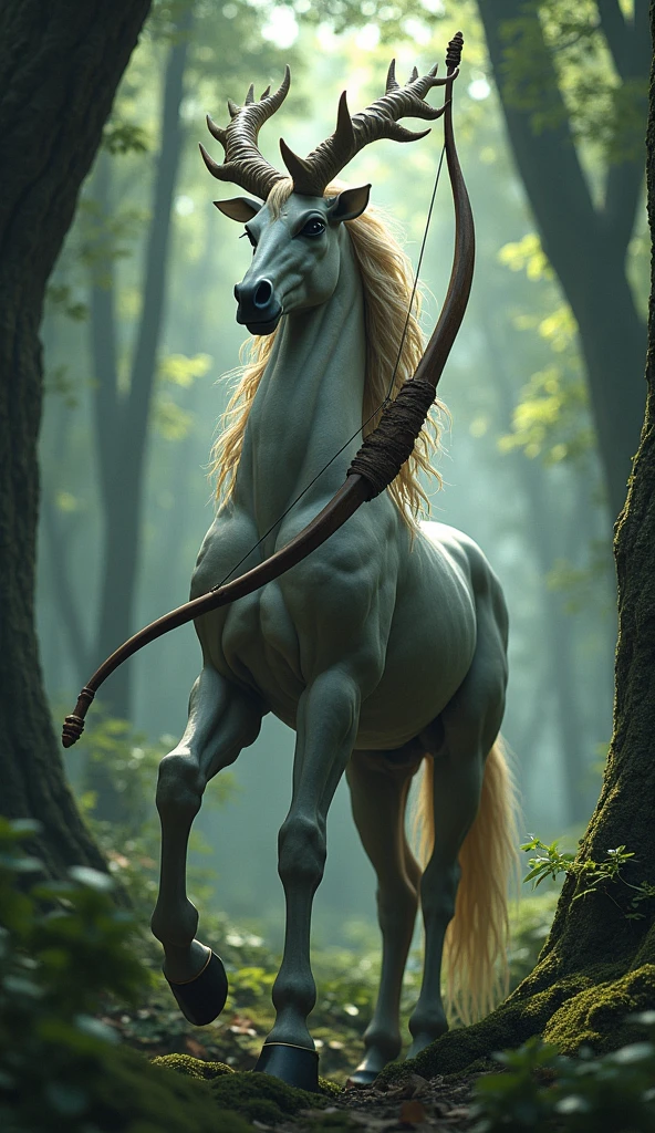a centaur with a wise expression, half human and half horse, detailed muscular body, majestic horns, flowing hair, holding a bow and arrow, in a mystical forest setting, dramatic lighting, intricate details, vibrant colors, cinematic composition, (best quality,4k,8k,highres,masterpiece:1.2),ultra-detailed,(realistic,photorealistic,photo-realistic:1.37)