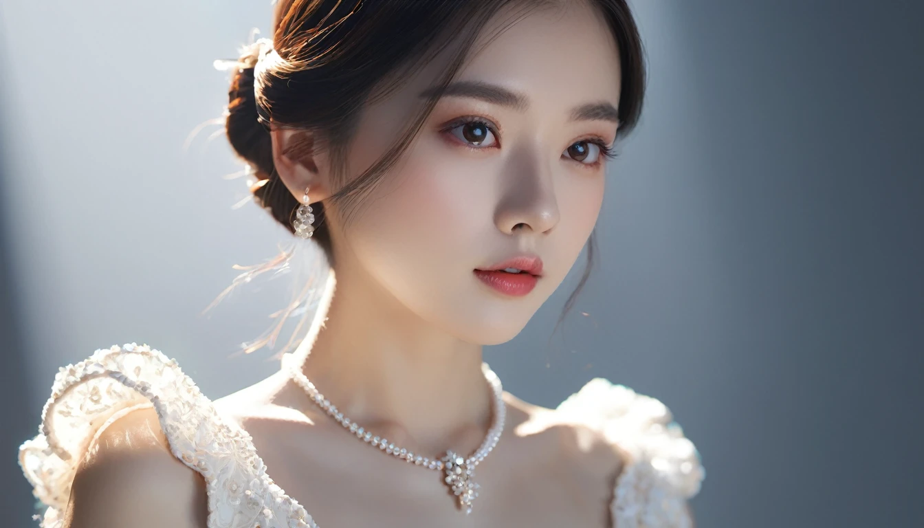 最high quality, masterpiece, High resolution, One girl, Porcelain Dress, hair accessory, necklace, jewelry, Pretty face, On the body, Tyndall effect, Realistic, Shadow Studio, Rim Light, Dual Tone Lighting, (High Definition Skins: 1.2), 8k UHD, Digital SLR, Soft Light, high quality, Volumetric Light, Sneak Shot, photograph, High resolution, 4K, 8k, Background Blur,