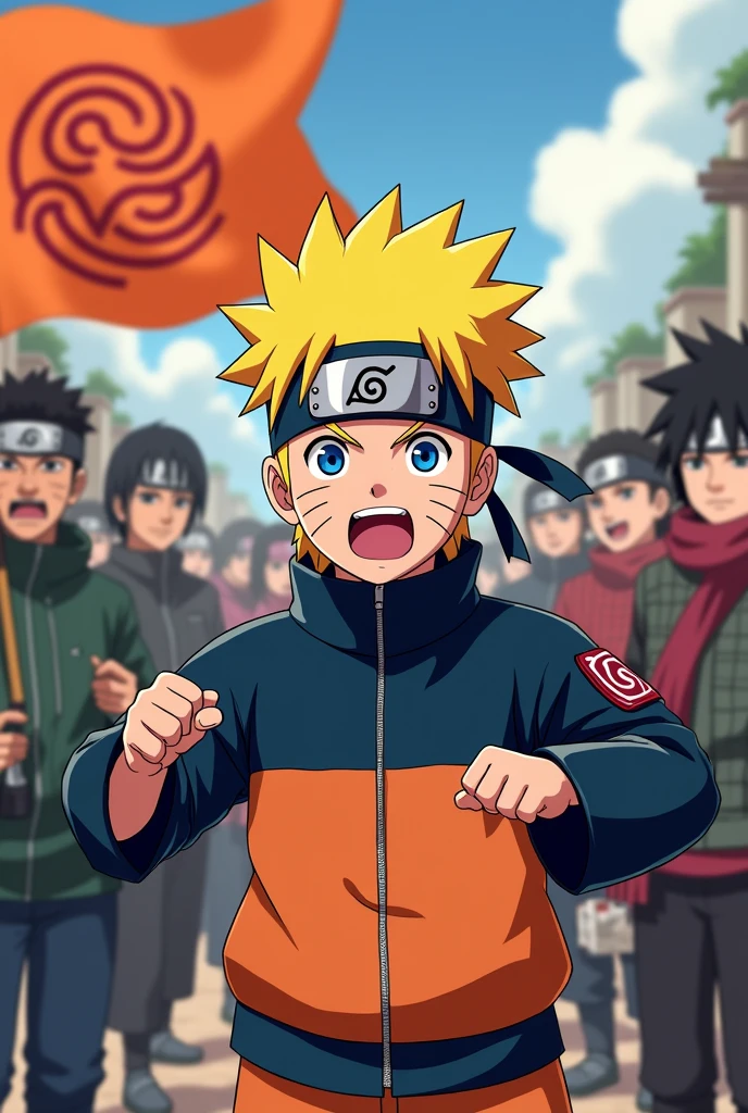 Naruto voting for party 55.
With the orange flag of the political party number 55.
Naruto Shippuden celebrating with the 55th saint and the Konoha ninjas all together with the orange 55th.
Naruto rooting for councilman Mateus number 45777