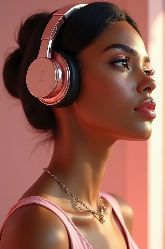 Create a standing portrait of a young Black woman with beautiful caramel skin. She is listening to music with stylish, luxury headphones inspired by Kim Kardashian, set against a soft pastel-colored background.