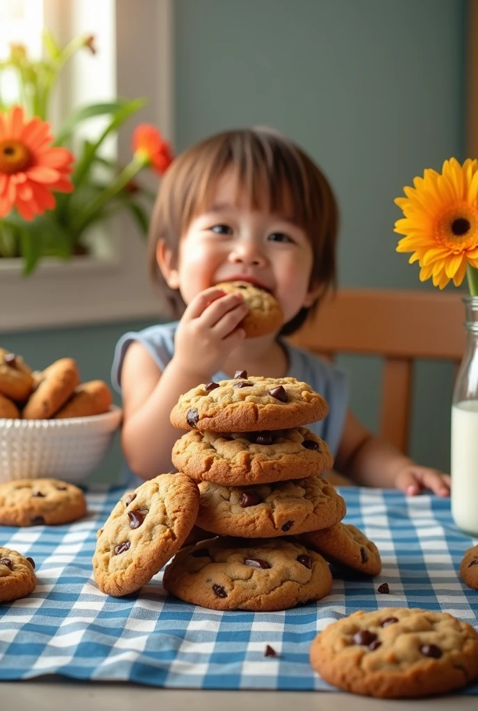 chubby chocolate chip cookies ,in a column, and some cookies around it, With more details, more realistic, Crispy, golden brown, a glass of milk a blue checked tablecloth, a basket full of cookies, some flowers, a child eating
