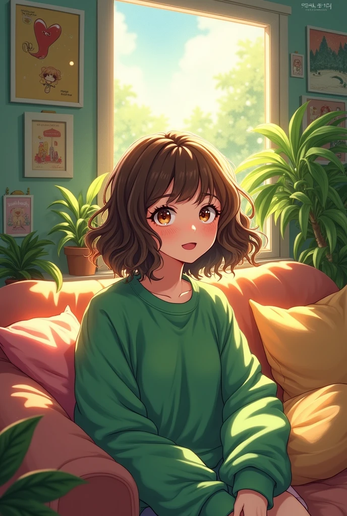 Anime art style, enchanting masterpiece, vibrant woman, exuberant curls framing her animated face, glossy brown hair cut into playful short bob, cozy green sweatshirt draping comfortably over shoulders, nestled within inviting room, walls adorned with whimsical posters and framed memories, plush cushions scattered invitingly on a charmingly cluttered sofa, delicate sunlight streaming through window, dancing dust motes in the air, warm ambiance enveloping scene, detailed texture on fabric of sweatshirt accentuating her lively spirit, soft blush on cheeks illuminating her features, lively sparkle in her expressive eyes, capturing a moment of introspective joy, background hints of indoor plants thriving, intricate lighting creating gentle shadows, panoramic view showcasing room depth, carefully crafted composition highlighting her character against the vibrant environment, fluid brushstrokes portraying movement and emotion, anime style blending sharp outlines with smooth gradients, showcasing the essence of happiness and comfort in artistic form, rich color palette saturated with lush greens and warm tones, dimensions evoking a dreamy, imaginative world, forming a perfect sanctuary reflecting her inner vibrancy