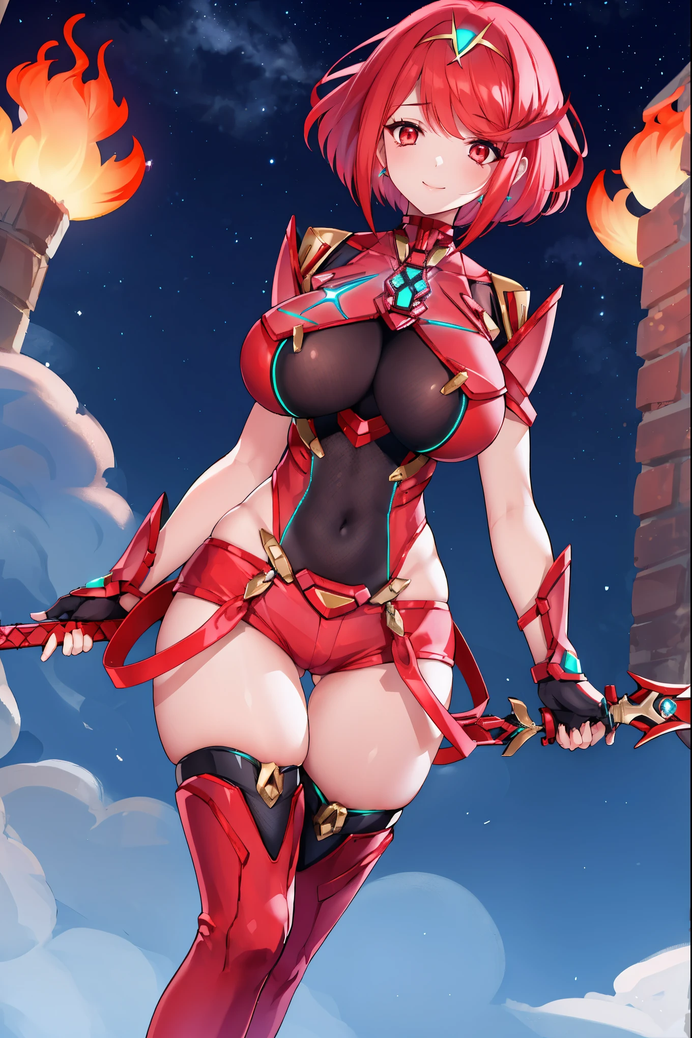 pyra \(xenoblade\), young_teen_1girl, armor, bangs, black gloves, breasts, red eyes, closed mouth, earrings, eyelashes, fingerless gloves, floating hair, framed breasts, gem, gloves, hair ornament, headpiece, jewelry, big_breasts, leaning back, leotard, neon trim, official art, pose, red hair, red shorts, saitou masatsugu, short hair, short shorts, short sleeves, shorts, sidelocks, skin tight, solo, standing, swept bangs, thighhighs, tiara, night_prairie_background, turtleneck, underbust, vambraces, xenoblade chronicles \(series\), (xenoblade chronicles 2), apart_legs, fire_effect,dynamic_pose_fighting,light_smile, (plump:1.1), big_ass,huge_sword, hold_large_sword_hilt, solo, covered_nipples, covered_pussy,