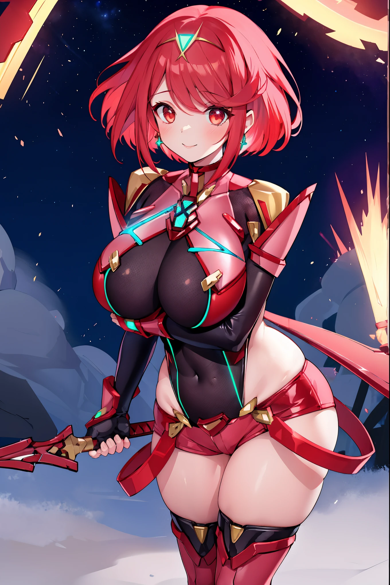 pyra \(xenoblade\), teen_1girl, loli, bangs, black gloves, breasts, red eyes, light_open_mouth, earrings, eyelashes, fingerless gloves, floating hair, framed breasts, gem, gloves, hair ornament, headpiece, jewelry, big_breasts, leaning back, swimsuit, neon trim, official art, pose, red hair, saitou masatsugu, short hair, sidelocks, skin tight, solo, swept bangs, thighhighs, tiara, fantasy_town_background, underbust, vambraces, xenoblade chronicles \(series\), (xenoblade chronicles 2), (spread_legs:1.1), fire_effect,dynamic_pose,fighting,light_smile, (plump:1.4), big_ass,huge_sword, hold_large_sword_hilt, covered_nipples, (covered_pussy:1.2),cameltoe,back_view, fists,ponytail,plump,beautiful_fingers,(solo:1.1)