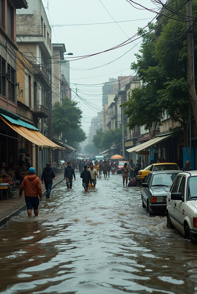Streets of Montevideo flooded after heavy rains, with water covering sidewalks and partially submerged vehicles. Homes and businesses affected, showing how water enters buildings and residents try to save belongings.