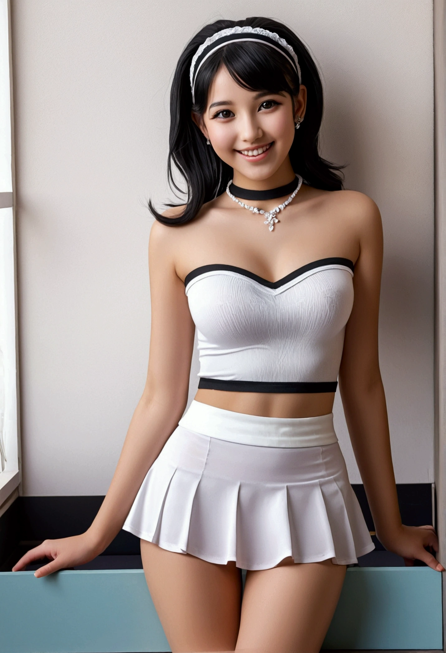 Stunning sweet girl in & Nice panties. skirt lift. photorealistic girls. Stunning full body photo, black eyes, black hair, smiling, happy, white hairband, black choker, slim girl, beautiful face, perfect skin.