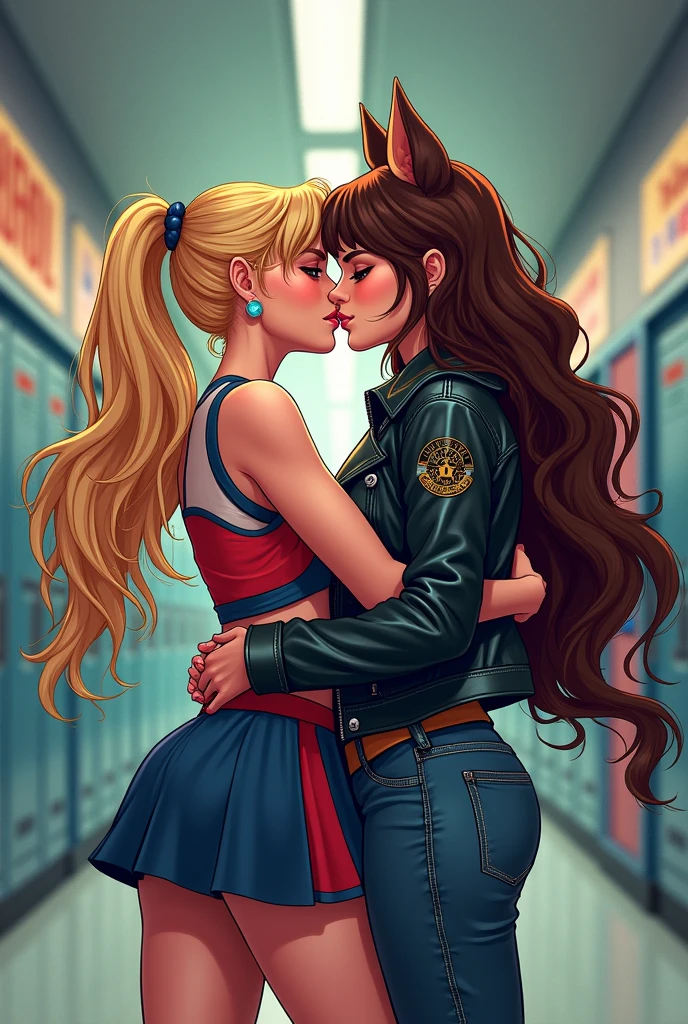 Comic 2d estilo marvel. A blonde cheerleader girl and a brunette girl with wolf fur, wearing a biker jacket kissing in the hallways