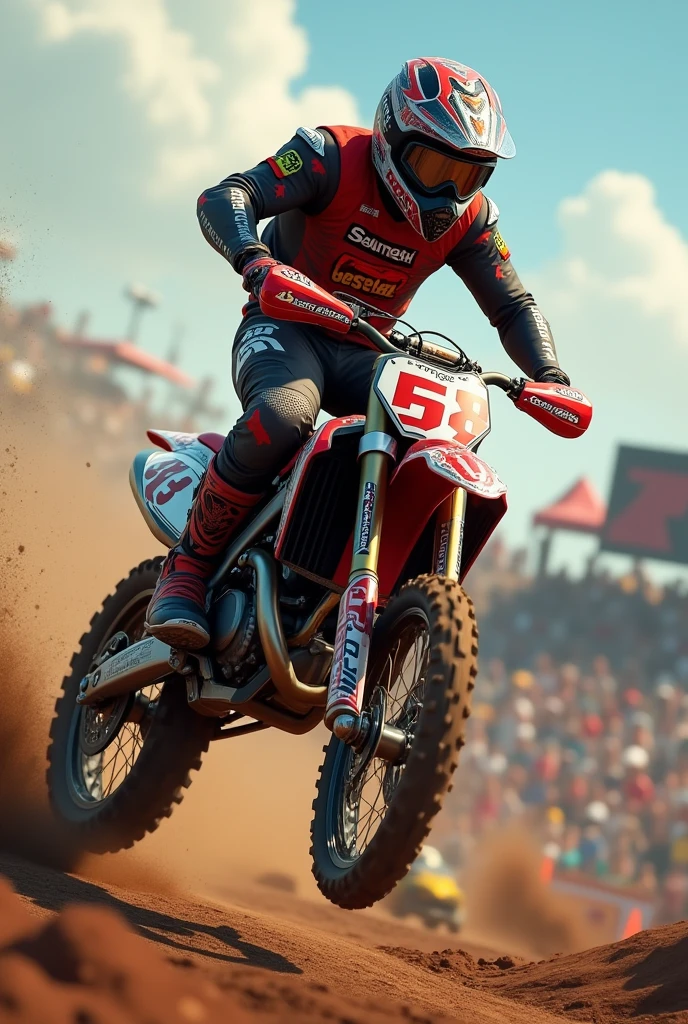 Supercross motorcyclist jumping name lucho number 58