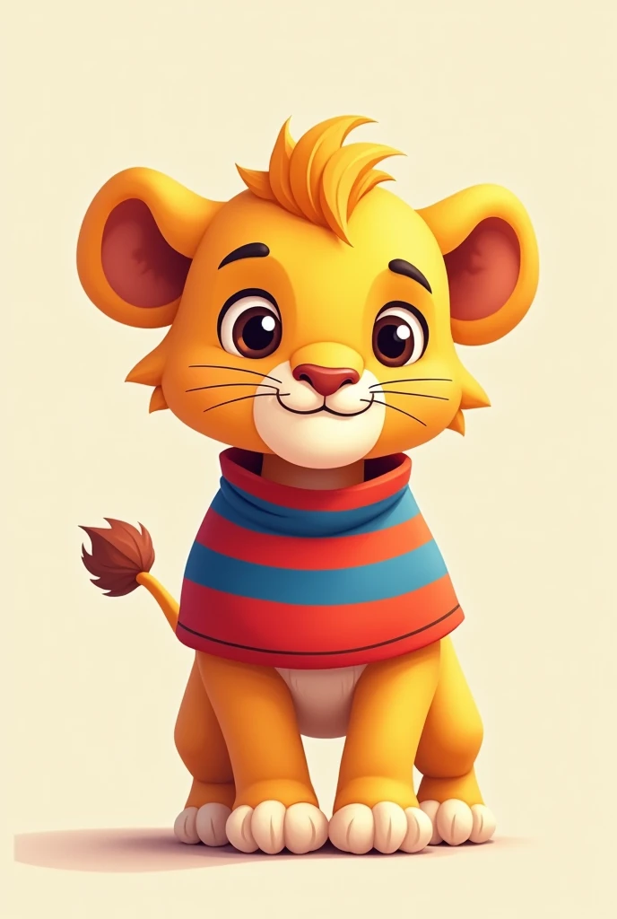 Animated baby lion in red and blue shirt standing