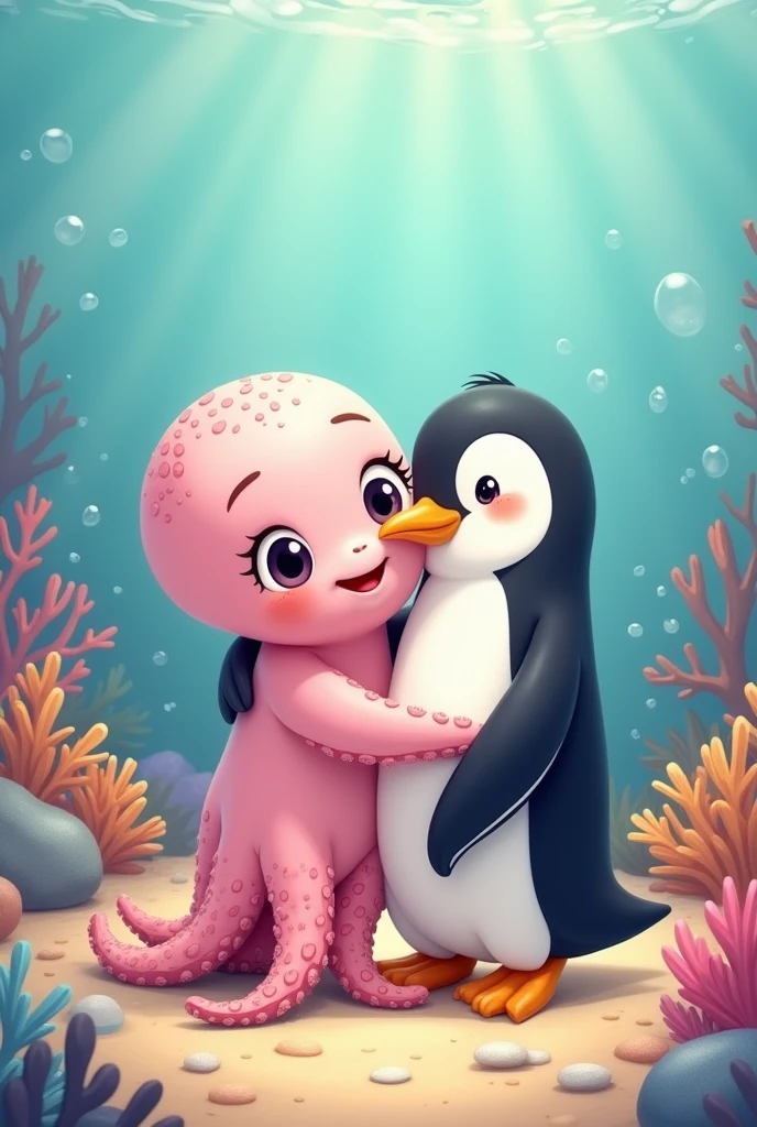 Cute cartoon style female octopus drawing hugging a cute cartoon style male penguin 