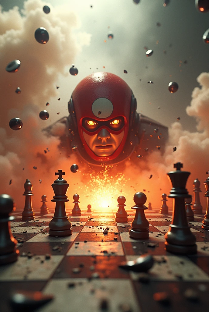 Make a chessboard by flying pieces everywhere, highlighting a bomb exploding in the center of the board. Continue with the same image, but make it as if the bomberman's face were looking at you against a background of smoke caused by the bomb