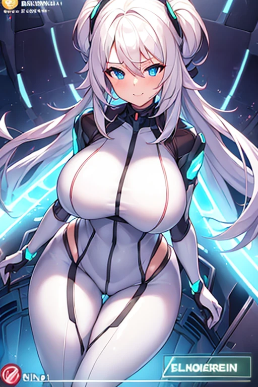 1girl, breasts, large breasts, wide hips, thick thighs, wide hips, light skin, bodysuit, white bodysuit, white hair, long hair, blue eyes, futuristic, science-fiction, tech, neon trim, neon, smile, ((anime screencap)), anime screencap