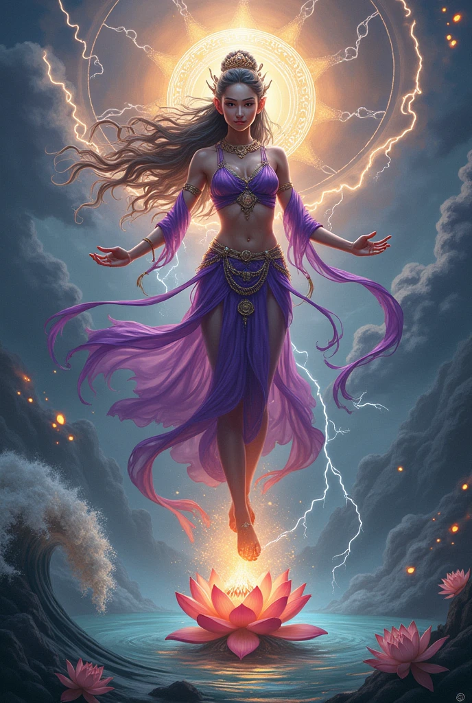 Vajrayana, dakini, purple, Tantra, Linda, lotus,wings, lightning strikes,midair, water,fire,land