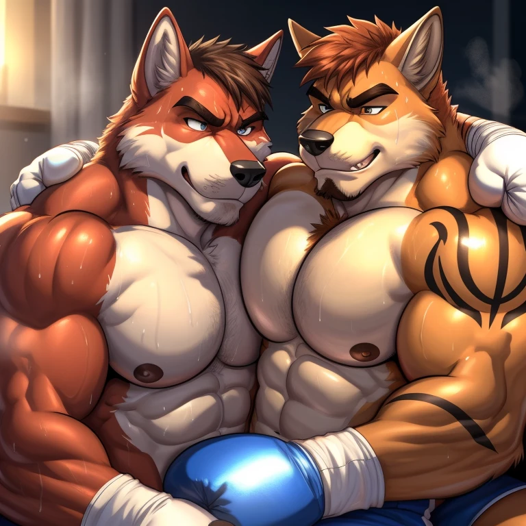 Duo male(Red Wolf vs Brown wolf), handsomes(handsome hairstyle, Thick eyebrows, detailed face), gay(Lying down, cuddling embraced, body with body, on a bedroom match), hot(Shirtless), handsomes(They are handsomes, correct anatomy), musculosos(Big muscle bodies, Six packs, muscle abs, big pecs), sweaty(very sweaty wet bodies, shiny sweat), tatuajes(they have tattoos), grumpy(Both have an grumpy expression, showing grumpy teeths, steaming breath), boxing gloves(They both are wearing boxing gloves), Hight resolution, by(Zourik:1.1)