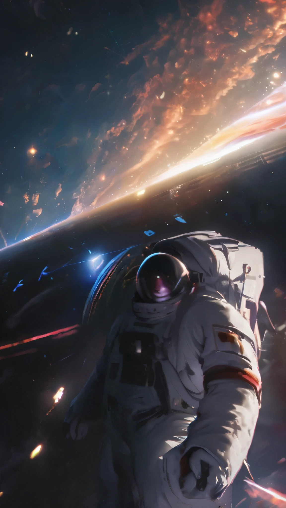 quality\(8k,wallpaper of extremely detailed CG unit, ​masterpiece,hight resolution,top-quality,top-quality real texture skin,hyper realisitic,increase the resolution,RAW photos,best qualtiy,highly detailed,the wallpaper,cinematic lighting,ray trace,golden ratio\), BREAK ,solo,1astronaut wearing space suit floating aimlessly in the galaxy\(dark,beautiful,beautiful stars\) and behind him a beautiful dazzling sun surely rising from behind the large beautiful (blue earth:1.6),(long shot:1.5)
