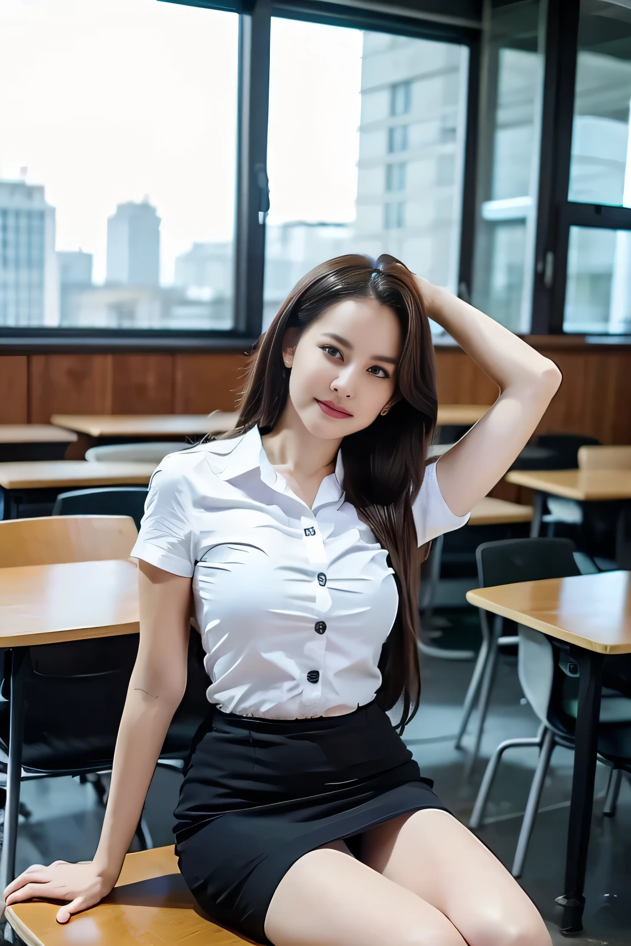 Close up,1 girl{{A beautiful woman wearing a white short-sleeved shirt and a short black pencil skirt}} , striking a sexy pose.  with several lecture tables set up behind it  There is a sliding glass window.  There was evening light streaming into the room.