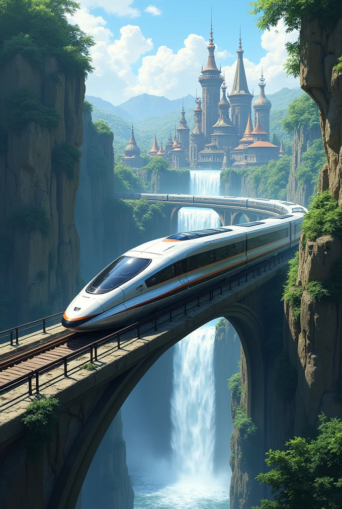 Anime image of a futuristic train passing under a waterfall in an ancient city