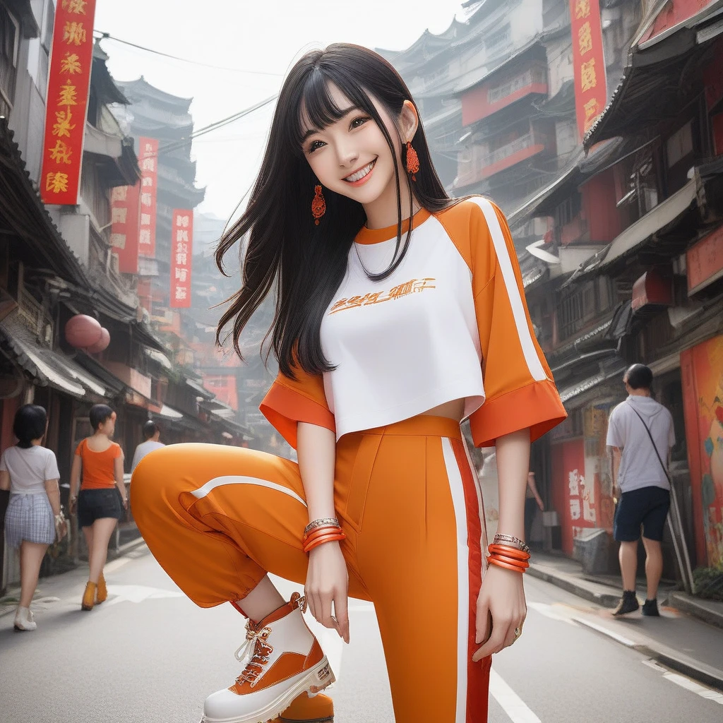 (masterpiece, best quality:1.2), 1girl, 独奏、Black Hair、long hair、1、slim、Cool smile、Orange rubber suit with red and white stripes、big metal bracelet、White Half Boots、Kowloon City、