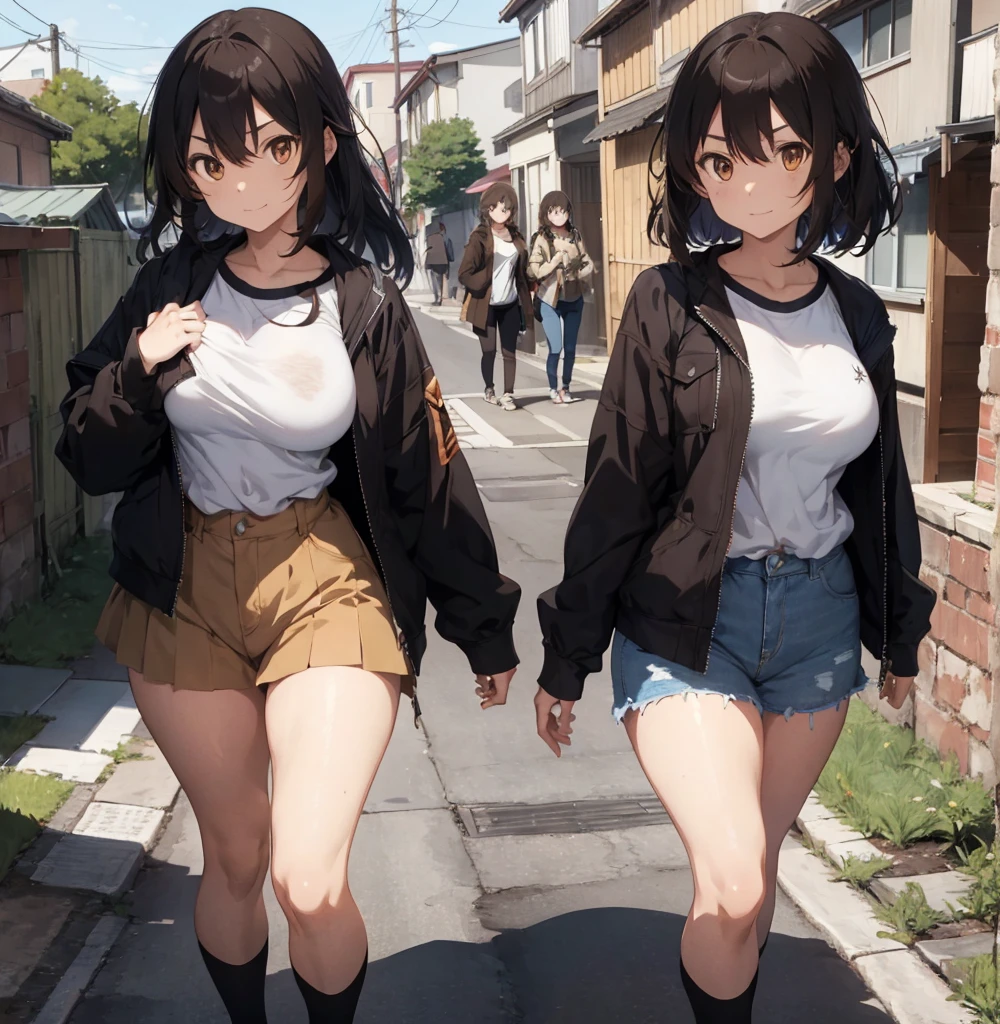 2 female, brown long messy anime hair, huge breast, thick legs, brown eyes, thick eyebrows, black jacket, jean, walking, outside