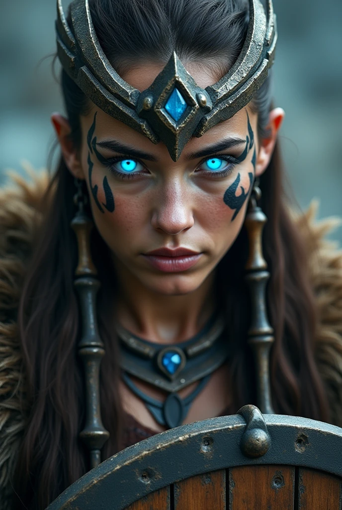 Close up face beautiful viking woman, wooden shield in hand , strong blue light in the eyes, crown with wings , tribal design on the eyes, Angry, bone ornaments on the neck, leather armor, focused