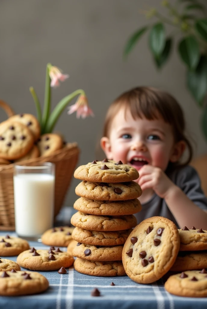 chubby chocolate chip cookies ,in a column, and some cookies around it, With more details, more realistic, Crispy, golden brown, a glass of milk, a blue checked tablecloth, a basket full of cookies, some flowers, a child eating