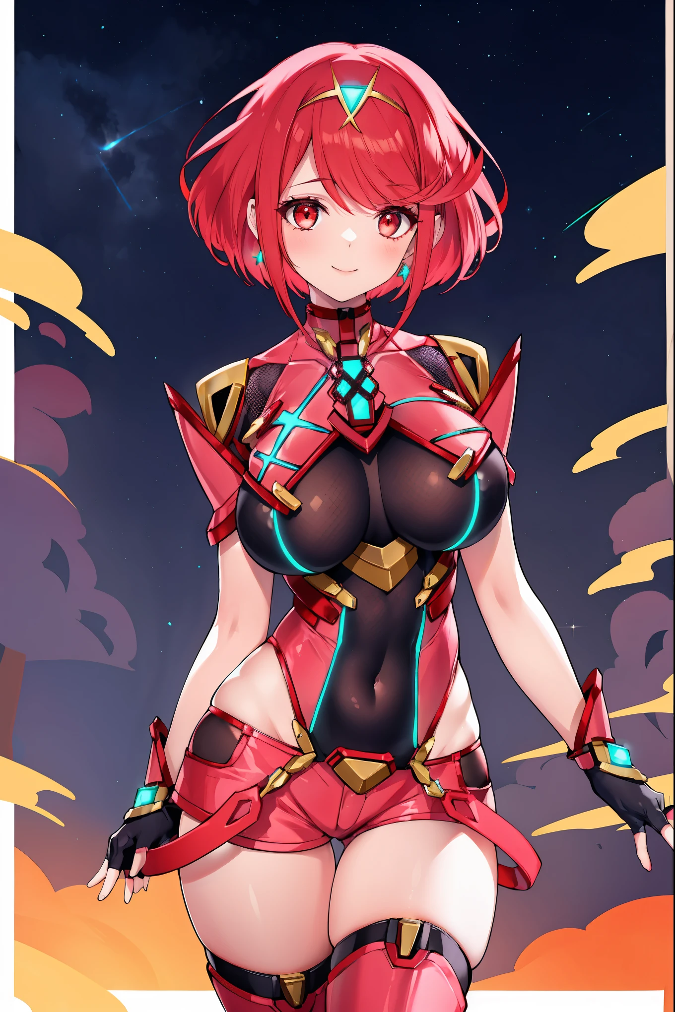 pyra \(xenoblade\), young_teen_1girl, armor, bangs, black gloves, breasts, red eyes, closed mouth, earrings, eyelashes, fingerless gloves, floating hair, framed breasts, gem, gloves, hair ornament, headpiece, jewelry, big_breasts, leaning back, leotard, neon trim, official art, pose, red hair, red shorts, saitou masatsugu, short hair, short shorts, short sleeves, shorts, sidelocks, skin tight, solo, standing, swept bangs, thighhighs, tiara, night_prairie_background, turtleneck, underbust, vambraces, xenoblade chronicles \(series\), (xenoblade chronicles 2), apart_legs, fire_effect,dynamic_pose_fighting,light_smile, (plump:1.1), large_thighs, solo, covered_nipples, 