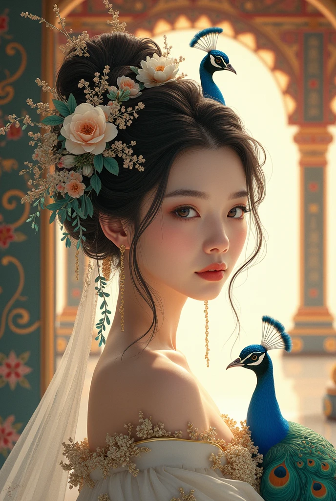 This picture has,Depicts a woman with a peacock and flowers in her hair, Beautiful artistic illustration, palace , Girl in Han Dress, Beautiful digital illustrations, Korean Art Nouveau Animation, Beautiful character drawings, Beautiful digital illustrations, Popular trends on artstration, Ancient Chinese Art Styles, Gwaise style artwork, Beautiful Art UHD 4K, Beautiful and detailed digital art
