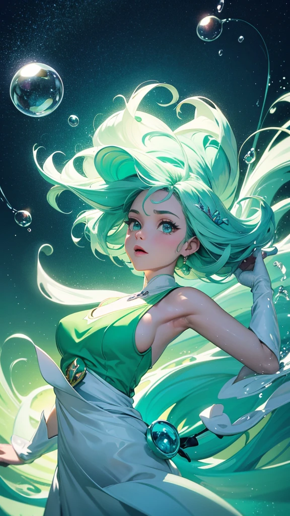 Create a whimsical and vibrant background image that complements the Espuma Geen logo. The design should include playful, swirling foam and bubbles in the background, with green leaves subtly integrated to emphasize the brand's eco-friendly nature. Keep the cartoon witch character in mind, incorporating magical elements like sparkles or light trails that evoke a sense of cleanliness and enchantment. Use a bright color palette of greens, blues, and white, ensuring the background enhances but does not overpower the logo. The overall style should be fun, fresh, and inviting, consistent with the magical, clean aesthetic of the brand