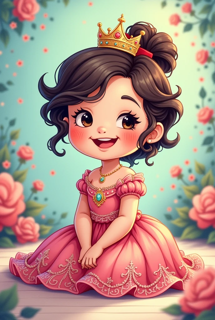 Drawing Cartoon happy baby girl wearing a Beautiful dress and wearing a crown, You sit on the floor full bady Painted in beautiful colors with 2d drawing and make black outline