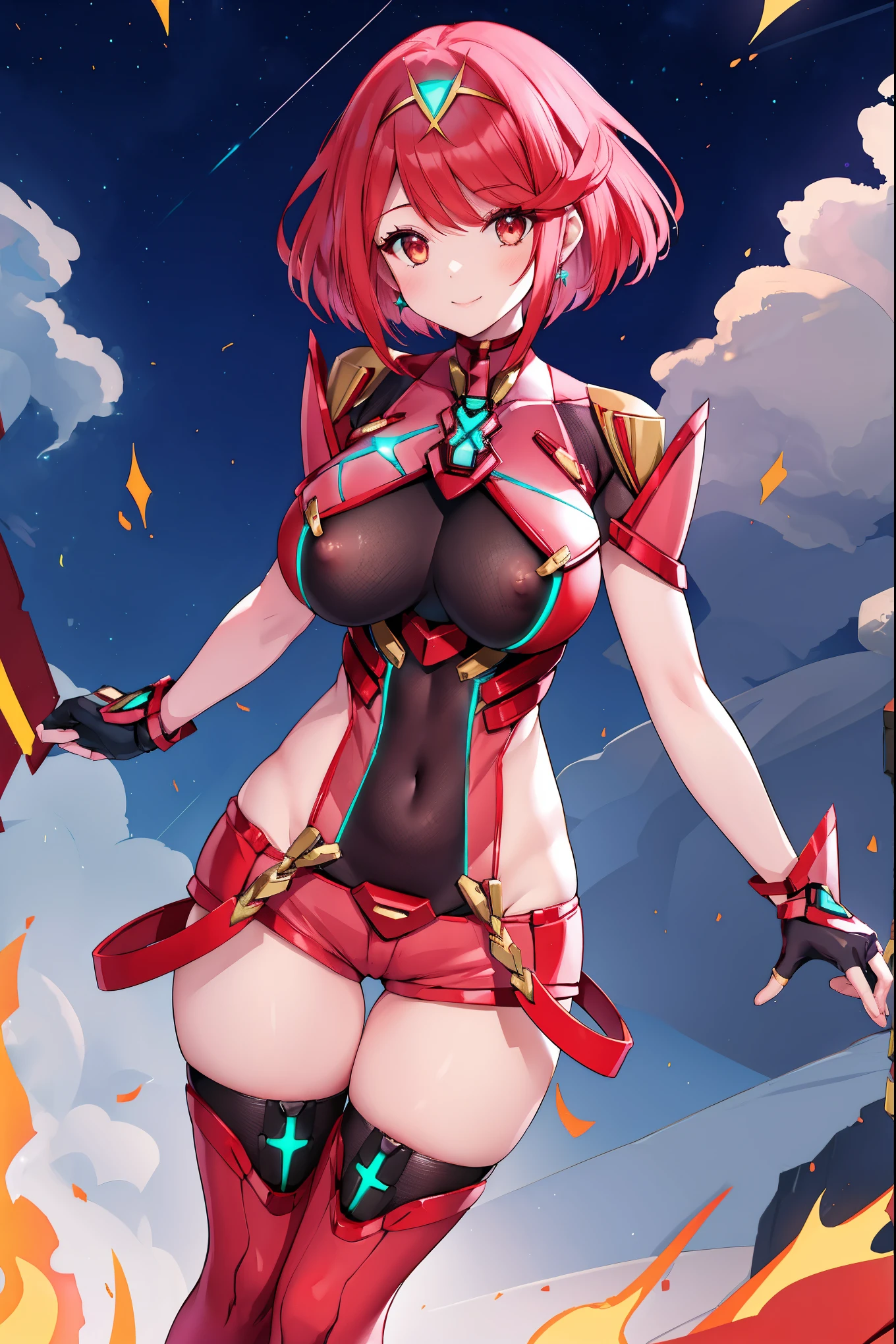 pyra \(xenoblade\), young__1girl, armor, bangs, black gloves, breasts, red eyes, closed mouth, earrings, eyelashes, fingerless gloves, floating hair, framed breasts, gem, gloves, hair ornament, headpiece, jewelry, big_breasts, leaning back, leotard, neon trim, official art, pose, red hair, red shorts, saitou masatsugu, short hair, short shorts, short sleeves, shorts, sidelocks, skin tight, solo, standing, swept bangs, thighhighs, tiara, night_prairie_background, turtleneck, underbust, vambraces, xenoblade chronicles \(series\), (xenoblade chronicles 2), apart_legs, fire_effect,dynamic_pose_fighting,light_smile, (plump:1.1), large_thighs, solo, covered_nipples, 