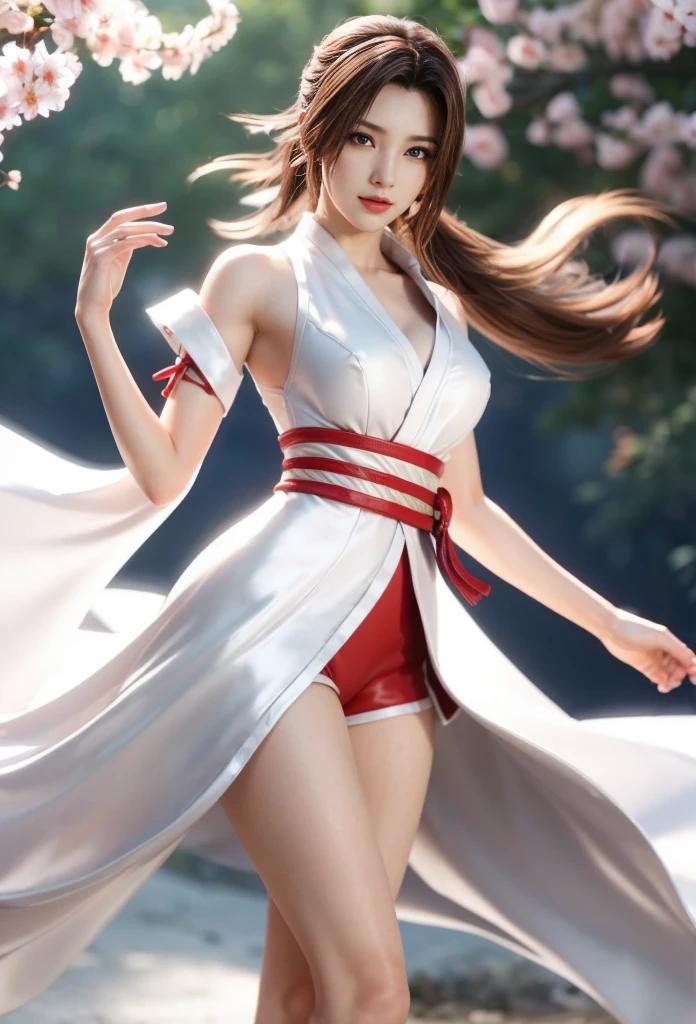 Mai Shiranui, (best qualityer,ultra details),(realisitic:1.37), beautiful and detailed face, ultra-realisitic texture, Exquisite face, athletic body, bright coloured. High definition, 8k, wearing red lipstick, rosy cheeks.