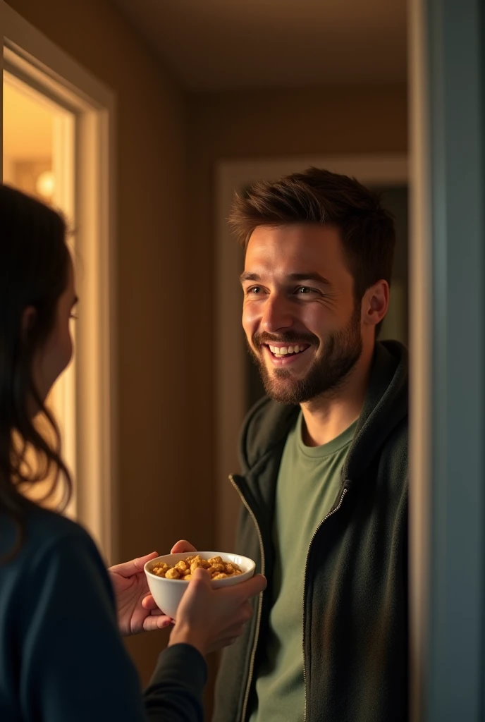 a tired but happy adult man arriving home, his mother giving him a cereal bar, detailed portrait, beautiful eyes, realistic, photorealistic, 4k, high resolution, masterpiece, cinematic lighting, warm colors, cozy interior, soft shadows