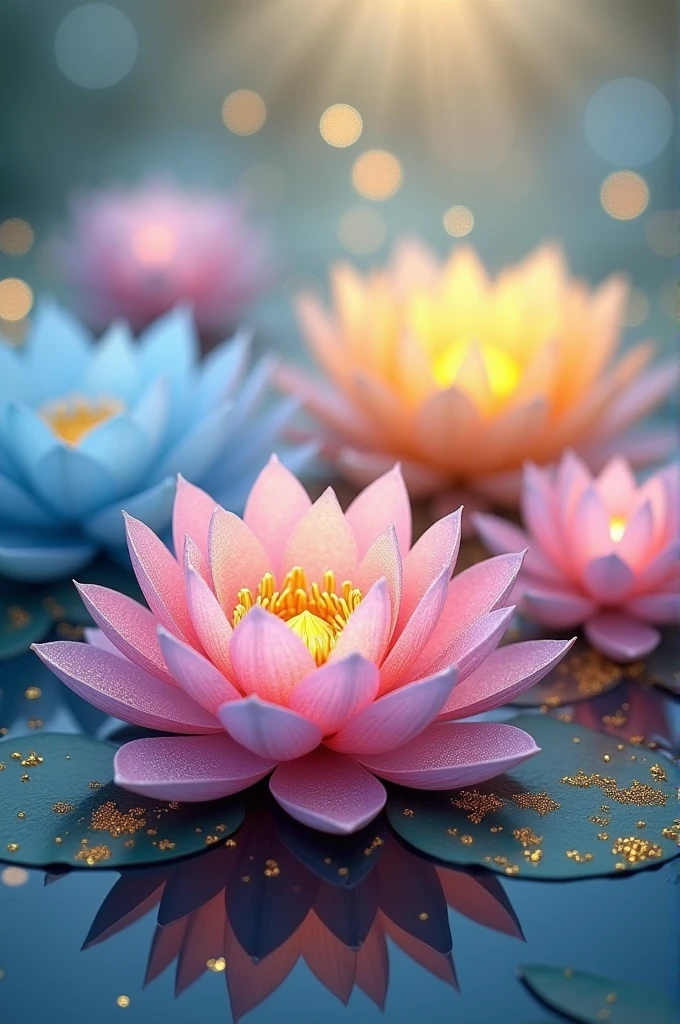Lotus Flower Circle Blue Pink Yellow Purple Glitter Gold Soothing Confidence 8k 1.4 Very detailed