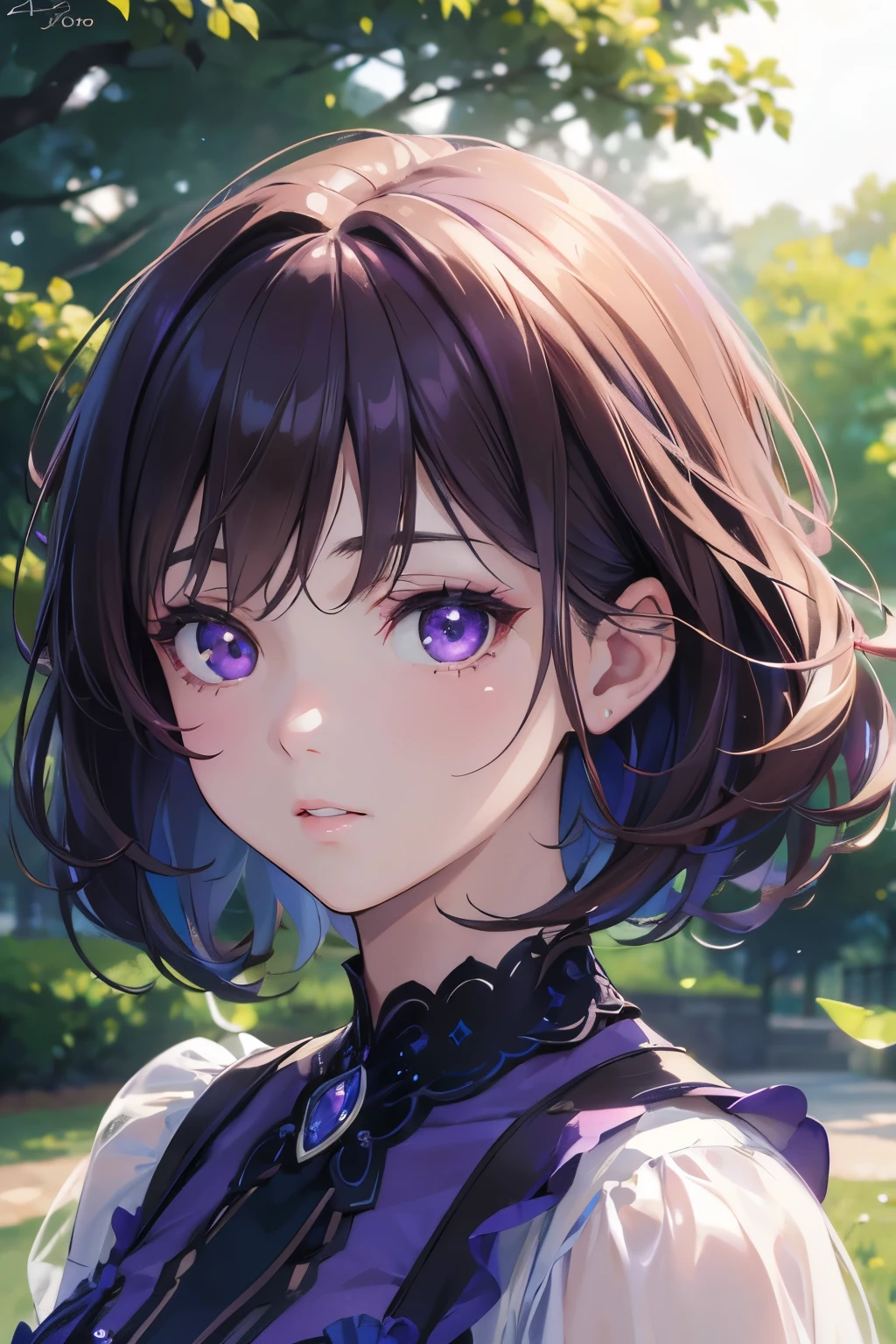 A cute anime style girl, purple dress, purple eyes, short brown hair, in a park, (best quality,4k,8k,highres,masterpiece:1.2),ultra-detailed,(realistic,photorealistic,photo-realistic:1.37),beautiful detailed eyes,beautiful detailed lips,extremely detailed eyes and face,longeyelashes,fantasy,whimsical,magical realism,vibrant colors,soft lighting,ethereal,dreamlike