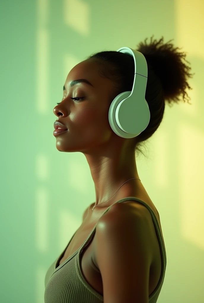 Create a standing portrait of a young Black woman with beautiful caramel skin. She is listening to music with stylish, luxury headphones inspired by Kim Kardashian, set against a soft green and yellow pastel-colored background.