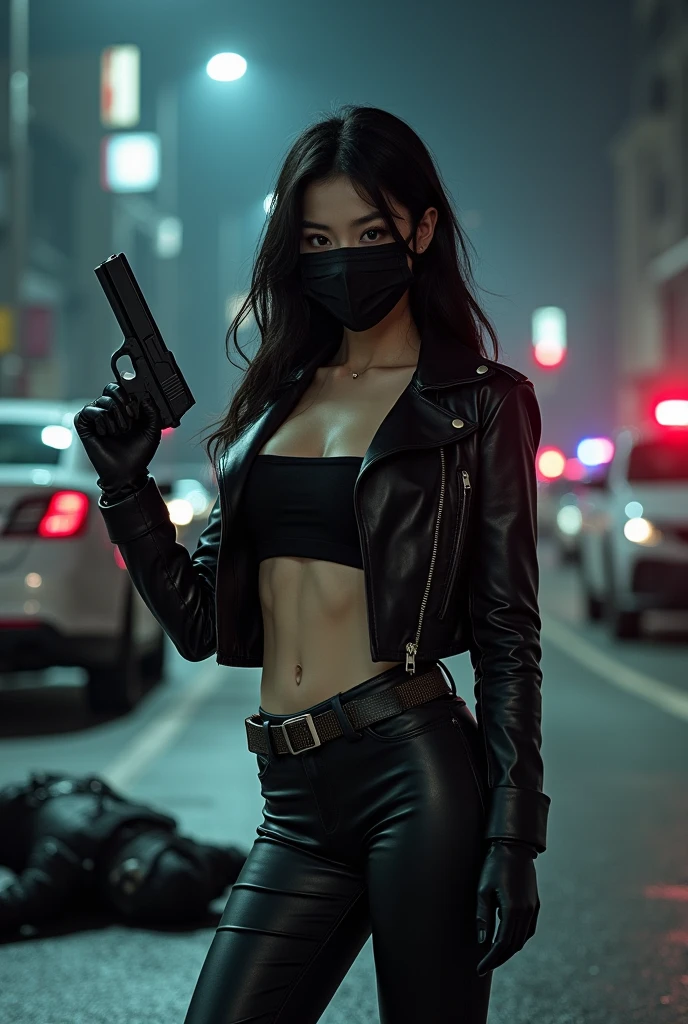 young asia girl, topless, skinny, black hair, full body, black leather jacket, black leather low rise pants, black leather belt, black leather overknee boots, black leather gloves, shoots with gun, face mask, street by night , two police officers dead on street, police car in background