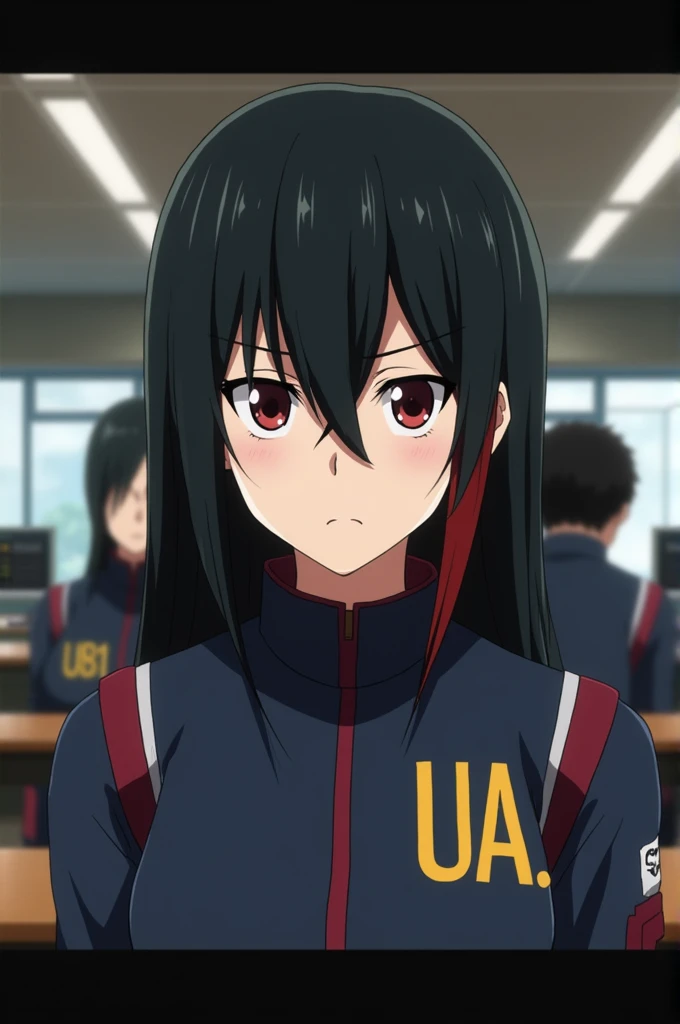 Screenshot of my hero academia. 
straight hair girl. Black hair color with red tips. With the butterfly cut . He has dark red eyes and has a serious expression.. He is wearing the UA uniform and in the background he has a UA school class and he is in a training session.