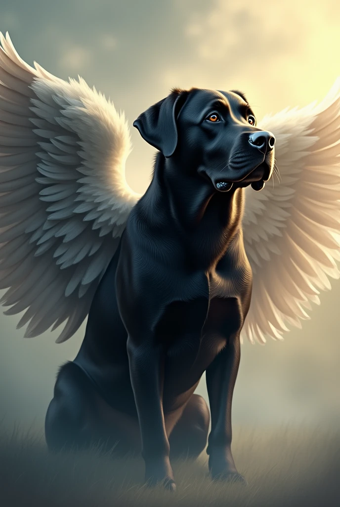 A black labrador dog with angel wings named Boby