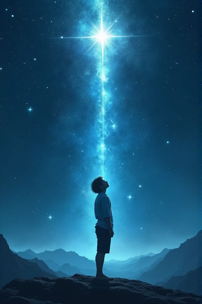 A person contemplating a starry sky, connected to a bright star by a beam of light, cosmic, mystical"