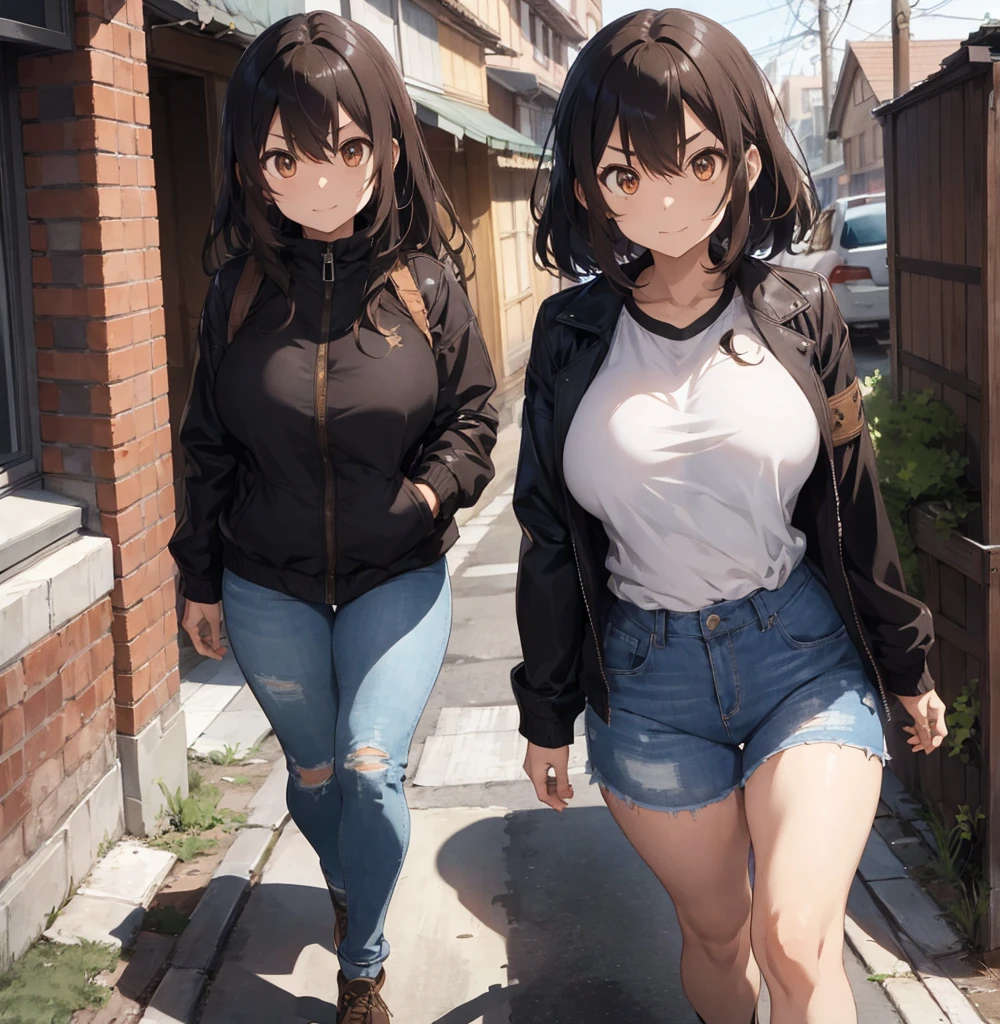 2 female, brown long messy anime hair, huge breast, thick legs, brown eyes, thick eyebrows, black jacket, jean, walking, outside