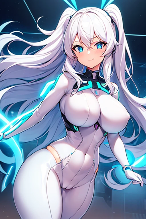 1girl, breasts, large breasts, wide hips, thick thighs, wide hips, light skin, bodysuit, white bodysuit, white hair, long hair, blue eyes, futuristic, science-fiction, tech, neon trim, neon, smile, ((anime screencap)), anime screencap, wavy hair, nipples, cameltoe,