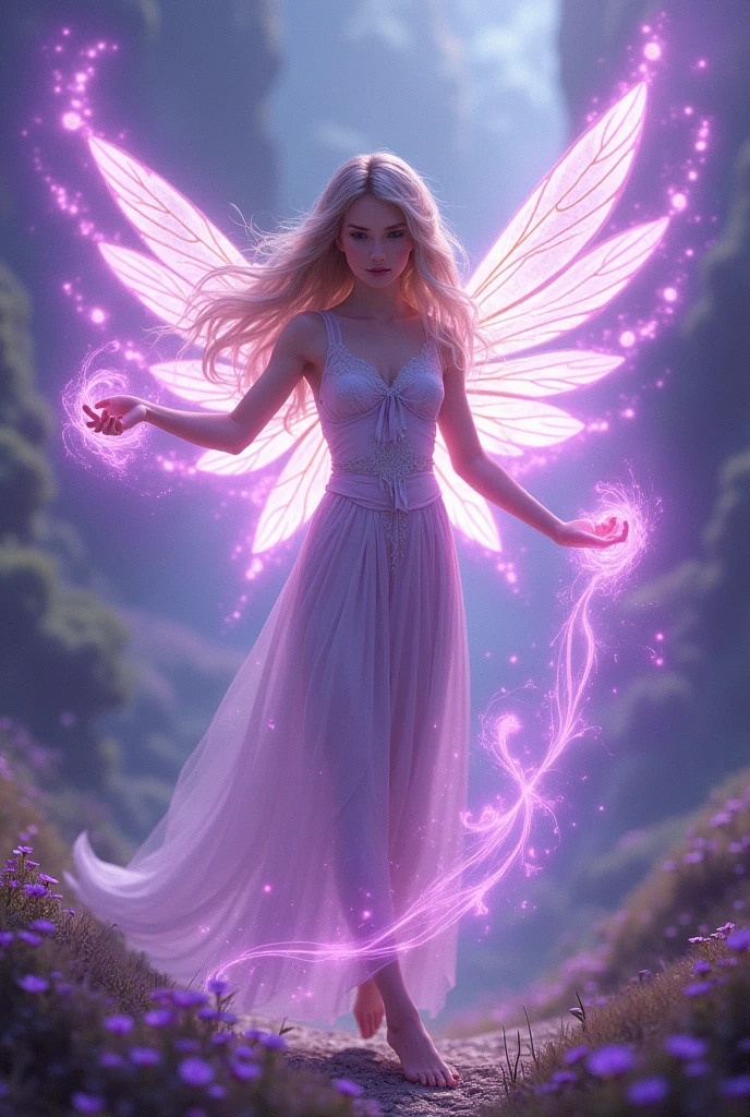 purple fairy magic, beautiful girl, white gold wings
